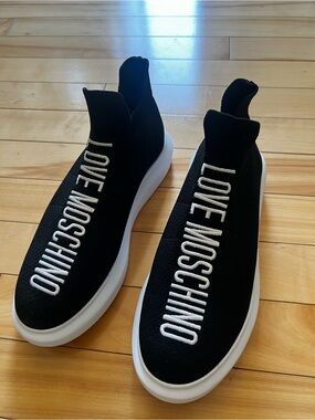 Love Moschino Black and White Knit Logo Sock Sneakers